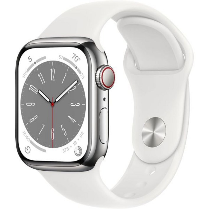 Apple Watch 시리즈 8GPS 셀룰러, 41mm 흰색 스포츠 밴드 ML이 포함된 실버 스테인리스 스틸 케이스갱신 Apple Watch 시리즈 8GPS 셀룰러, 41mm 흰색 스포츠 밴드 ML이 포함된 실버 스테인리스 스틸 케이스갱신