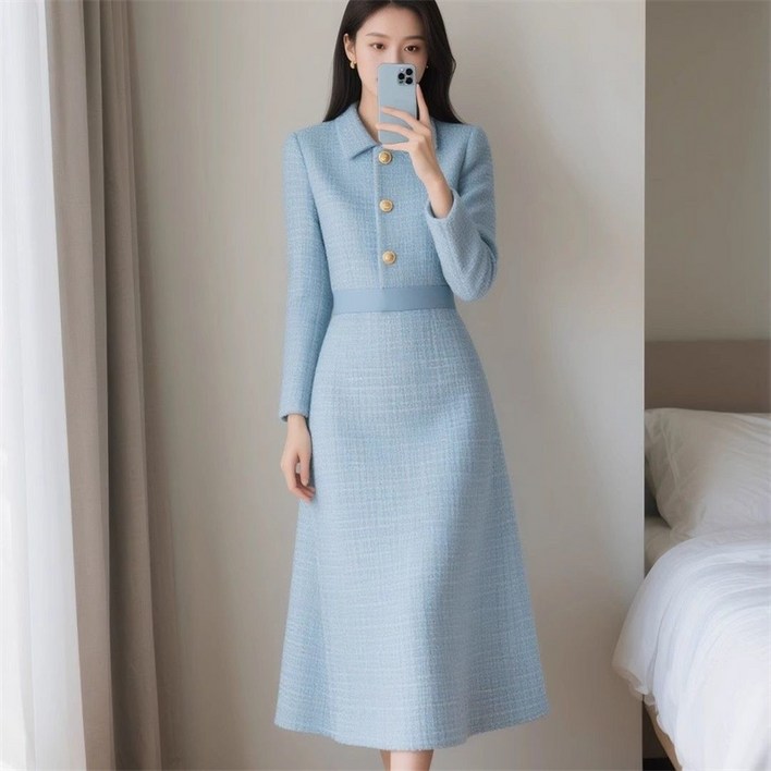 AOKADA 여성 가을 겨울 슬림핏 하객룩 오피스룩 트위드 A라인 정장 롱 원피스