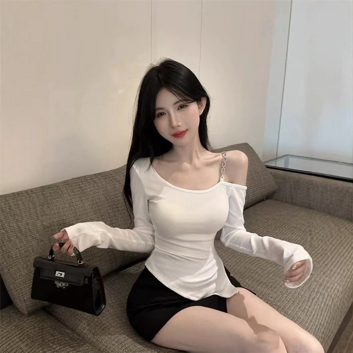 YioYcc 여성 오프숄더 블랙 롱 티 서머 티