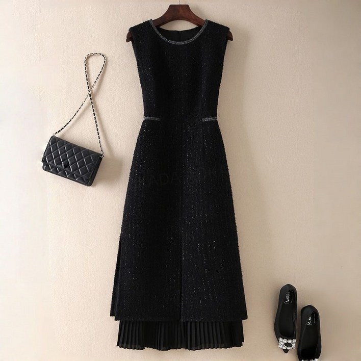 AOKADA 여성 가을 겨울 슬림핏 레이어드 플리츠 트위드 오피스룩 하객룩 원피스