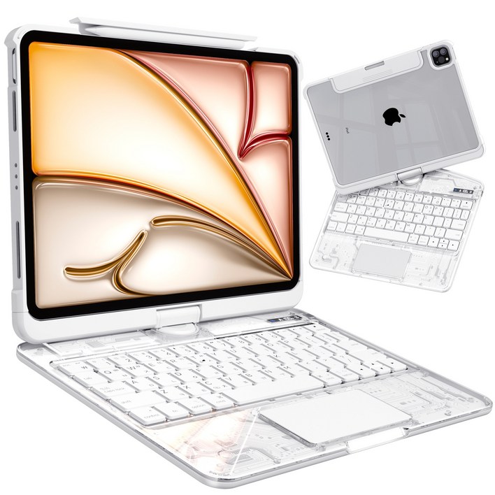 AITEWO 아이패드 매직키보드 케이스 펜슬 수납 360도회전 일체형 각도조절 투명 백라이트 터치패드 에어7654321세대 프로1110.91312.9인치, 투명 화이트, 아이패드 프로 7세대 M4 13인치, 1개