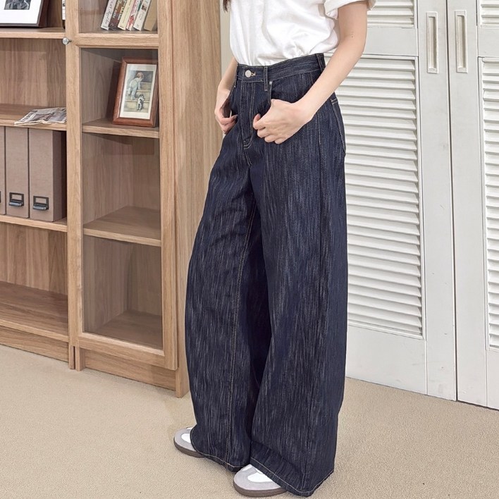 메이징 여성용 루즈핏 논페이드 생지 와이드 데님 통바지 청바지