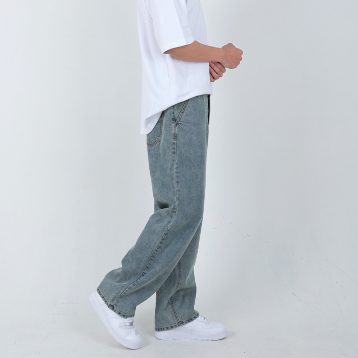 남성용 워싱 청바지 뒷밴딩 세미 와이드 루즈핏 일자 시원한 리오셀 데님 팬츠