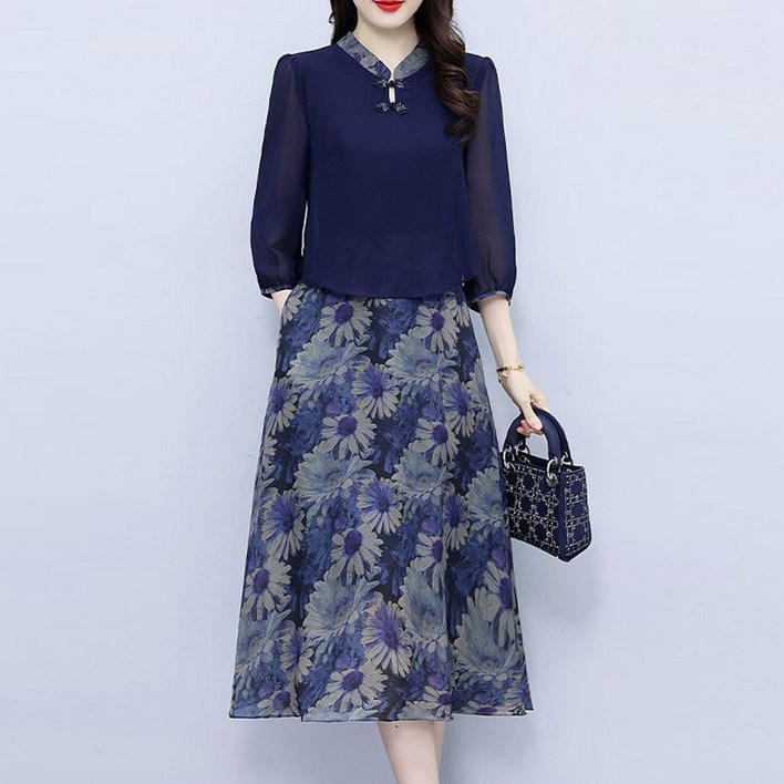 besteffie 여성 중년 여름 플라워 패턴 A라인 원피스 7부소매 간편한 디자인 하이나넥 레트로 패션 드레스 K92