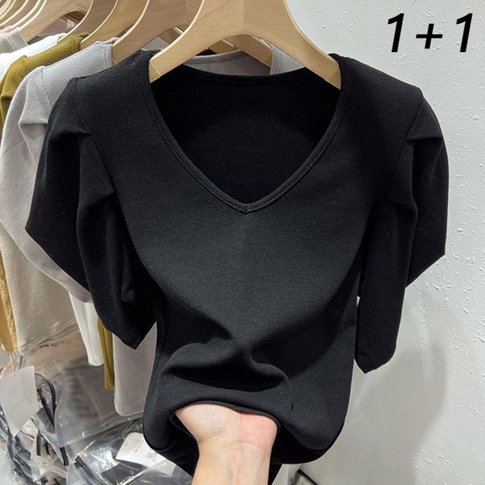 1+1 M-4XL 빅사이즈 브이넥 퍼프소매 반팔 티셔츠 똥똥한 여성티 데일리 간절기 이너티 100KG까지