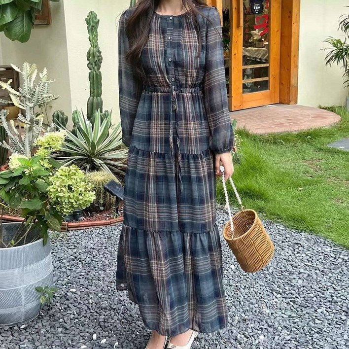 오나스타일 모카 체크 밴딩 롱 원피스