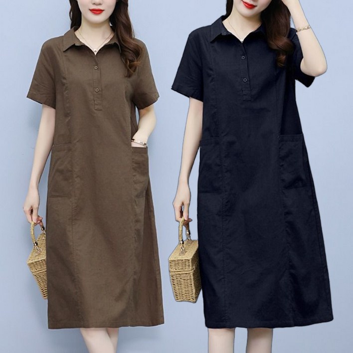 중년여성 린넨 카라 반팔 원피스 면 마 캐주얼 빅포켓 50대원피스 빅사이즈 여름원피스