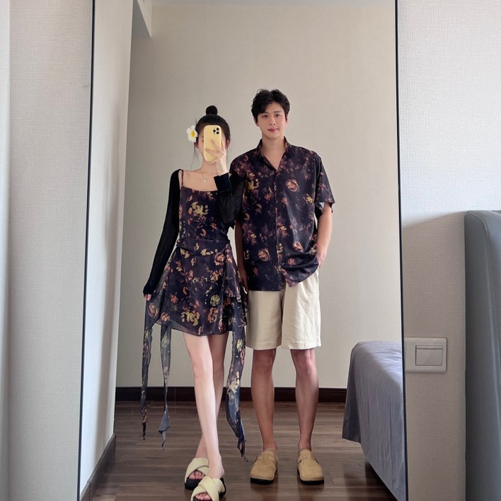 커플룩 여름여행 허니문룩 비치웨어 티셔츠플라워 나시 롱스커트 하와이 여행 로즈계열
