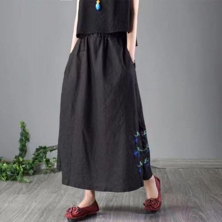 여름용 면 린넨 스커트 문예적 에스닉 빈티지 스타일 린넨 스커트 독특한 분위기 시원 통기성 여름철 루즈핏 A라인 자수 다양한 코디 매치 개성