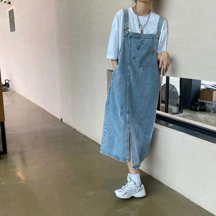 브로스 오버사이즈 멜빵 데님 빈티지 원피스
