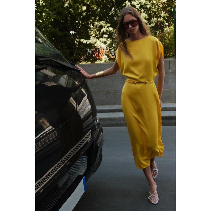 ZARA 새틴 벨트 미디 원피스  머스터드 215007