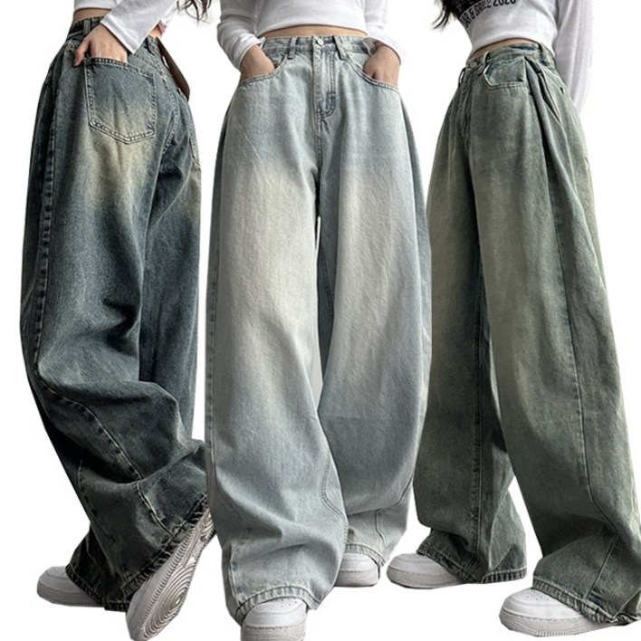 여성 기장수선NO숏,롱SXL 힙무드 벌룬핏 사이드 절개라인 와이드핏 워싱 데님팬츠 세미와이드 청바지 5color 67번