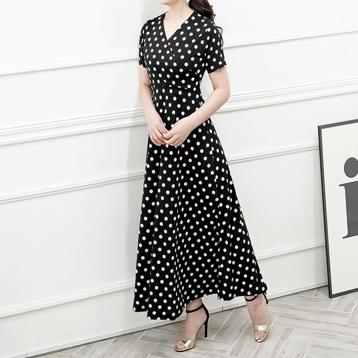 빅사이즈 랩스타일 브이넥 A라인 반팔 롱원피스 V넥 플레어원피스