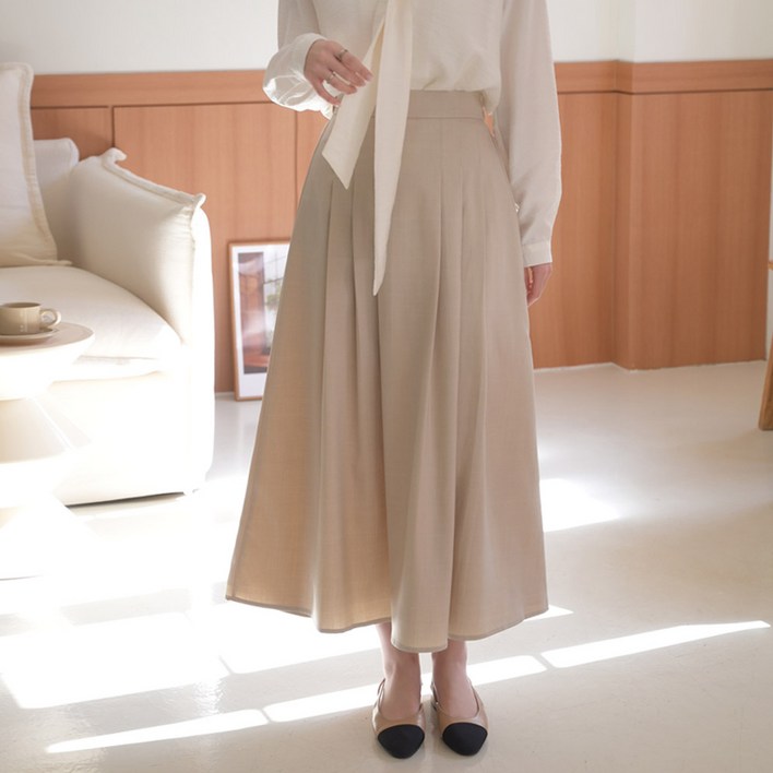 데일리앤 앤티 A라인 플리츠 밴딩 벨트 스트랩 핀턱 롱 스커트 봄 가을 하객룩