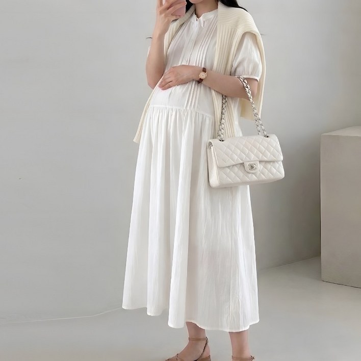 [당일출고] 수엠W 임산부 핸리넥 핀턱 바스락 반팔 롱 원피스 하객룩 데이트룩 R01 슈가원피스