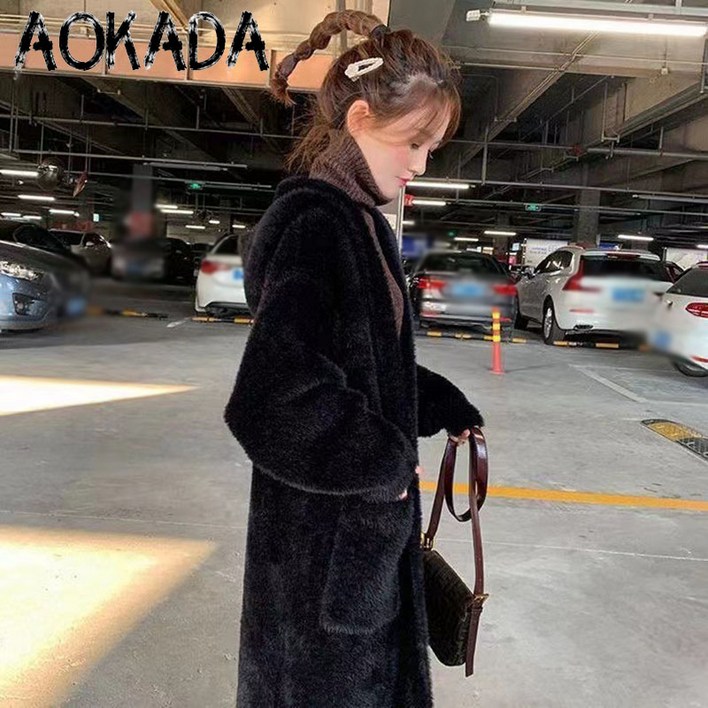AOKADA 가을 겨울 롱 밍크라이크 여성 니트 가디건 루즈핏 후드 스웨터 코트 4colors