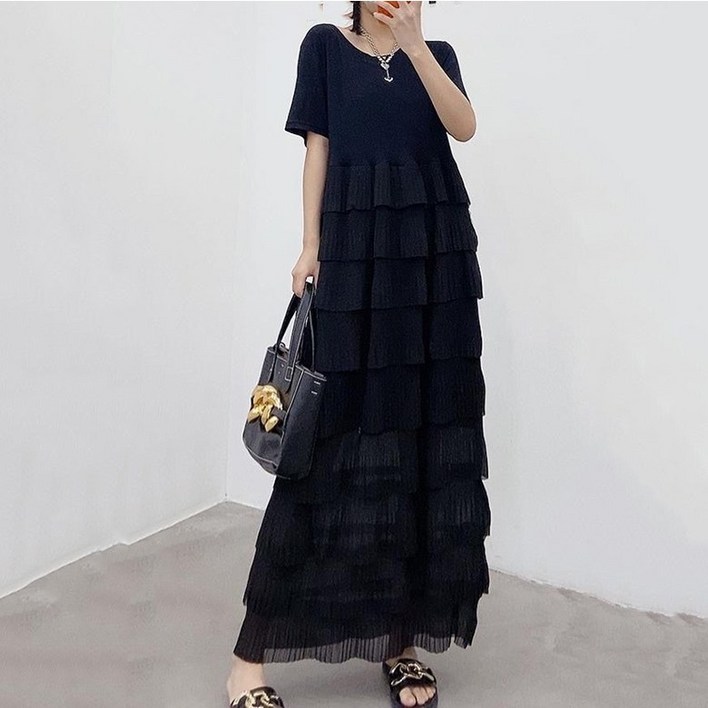 여성 여름 시폰 캉캉 스커트 라운드 반팔 롱 원피스 바캉스룩