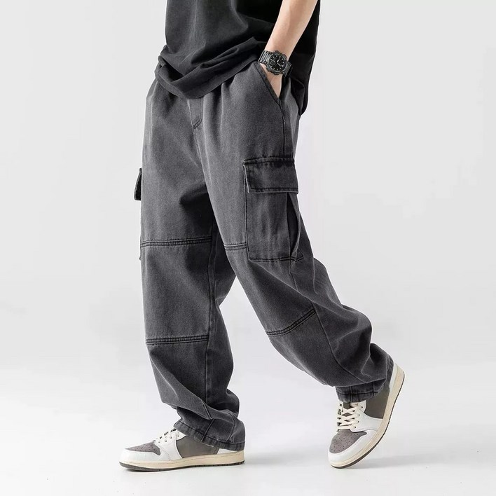 화만 남성용 청바지 복고 와이드 구식 카고 팬츠