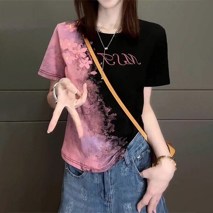 besteffie 여성 여름 반팔 티셔츠 추상 무늬 그라데이션 캐주얼 티 K39