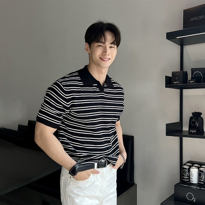 ANYOU 남자 여름 스트라이프티 카라 반팔 니트 티셔츠 캐주얼 오버핏