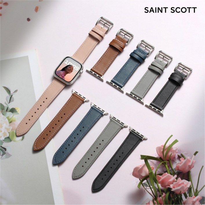 세인트스코트 STR-L01 애플워치 호환 스트랩 프리미엄 소가죽 밴드, 블루쉬 그린_블랙 커넥터, 1개