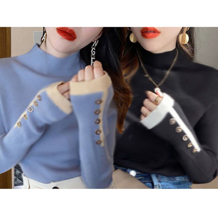 11 여자 목폴라티 캐주얼 가을 겨울 덕기모 반폴라 쫄티 슬림핏 이너티 레깅스 상의 기질 여성 기모 긴팔 티셔츠 2P WXY