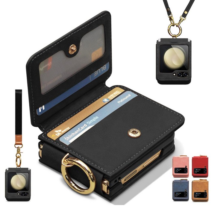 Z플립 7 6 5 4 3 손목, 어깨 스트랩 핑거 링 카드3장 수납 힌지보호 지갑형 갤럭시 제트 플립 카드 수납 PU 가죽 폰케이스 휴대폰 정품 삼성 핸드폰 케이스  제이콥스타일