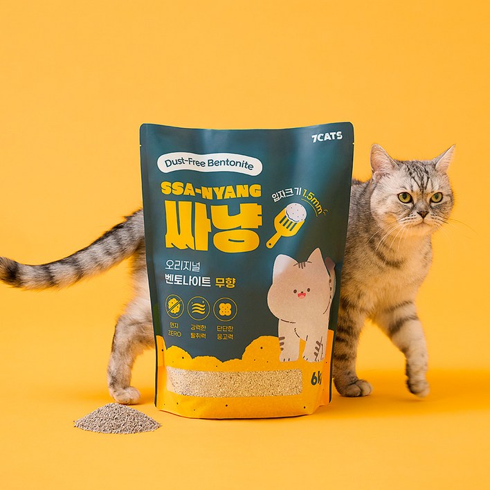 먼지없는 7CATS 싸냥 프리미엄 벤토나이트 고양이모래 무향 6kg x 3개 숨숨집 패키지, 18kg, 1세트, 무향