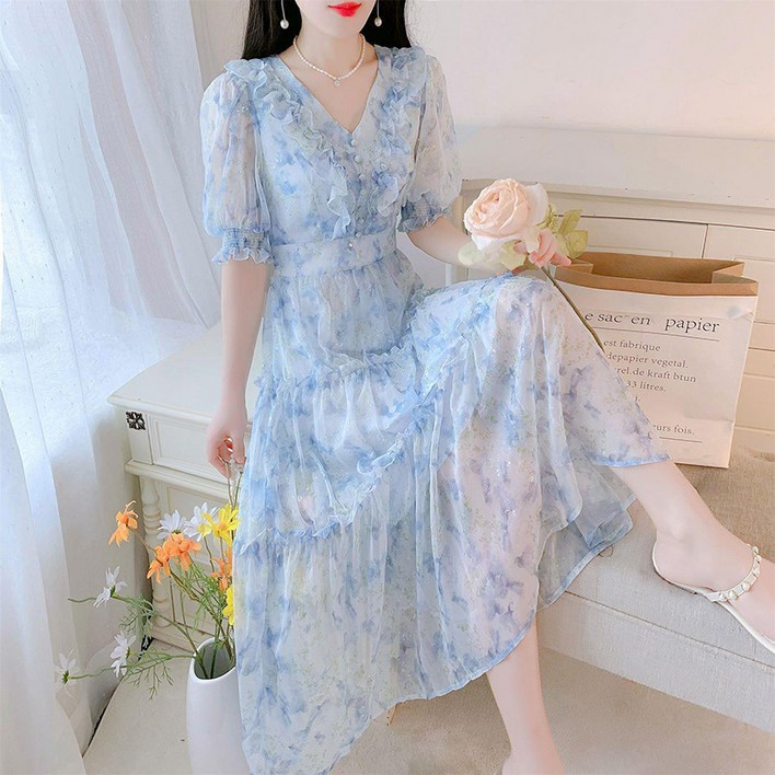 셀럽당  여성 쉬폰 롱스커트 여름 브이넥 플라워 반팔 원피스  K1552-KR
