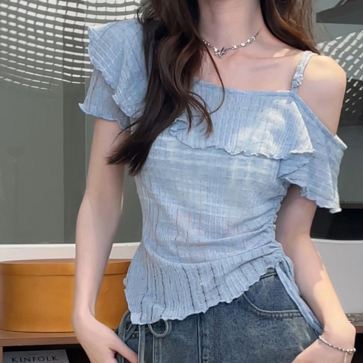 해피유통  여성 봄여름 레이스 오프숄더 반팔 블라우스 체크 디자인byq