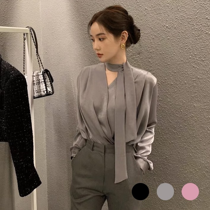 여성 타이 브이넥 블라우스 새틴 남방 오피스룩 빅사이즈 셔츠 링클프리