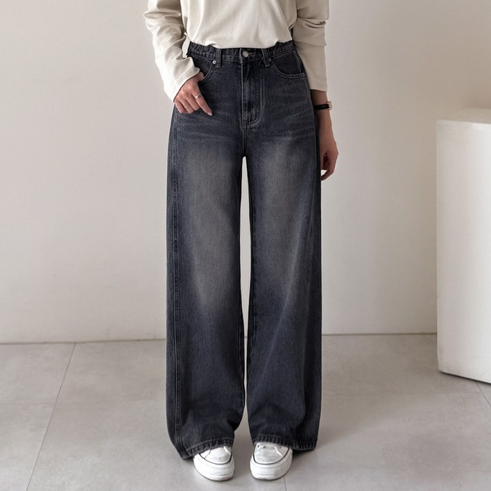 데일리앤 르벤 기장선택 여성 빅사이즈 밴딩 와이드 난스판 절개 데님 팬츠 빈티지 워싱 청바지 봄 가을 간절기