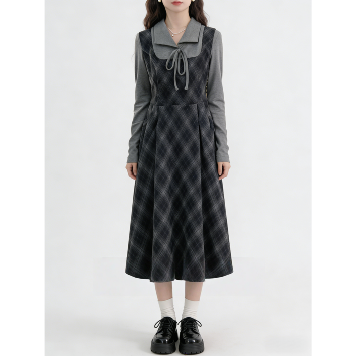 스타일닥터 여성 롱 원피스 패션 카라넥 긴팔 캐주얼 원피스 초봄 무드의 세련된 롱 원피스