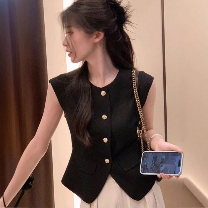 해피유통 여성  블랙 정장 베스트 여름 쇼트 톱jhwj