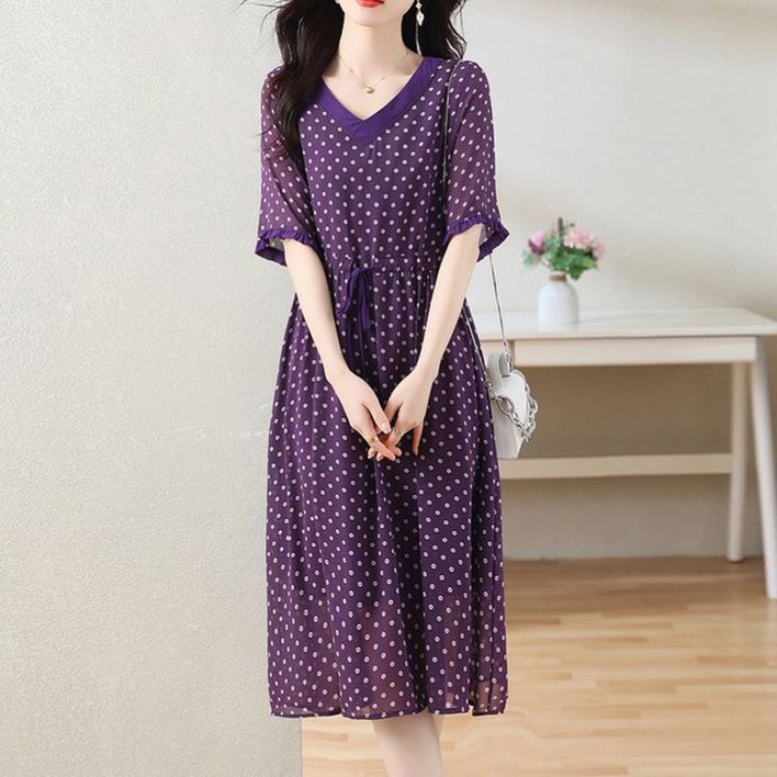 보라색 쉬폰 반팔 원피스 여름 중년여성 엄마 땡땡이원피스 허리스트링 통통 미디 롱 스커트