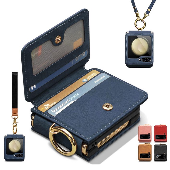 Z플립 7 6 5 4 3 손목, 어깨 스트랩 핑거 링 카드3장 수납 힌지보호 지갑형 갤럭시 제트 플립 카드 수납 PU 가죽 폰케이스 휴대폰 정품 삼성 핸드폰 케이스  제이콥스타일