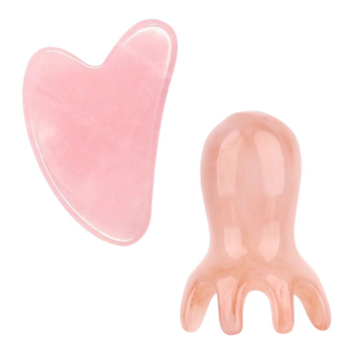 무이코 1+1 천연소재 로즈쿼츠 문어괄사 하트괄사 세트 페이스 얼굴 지압 두피 바디 마사지, 핑크, 1세트