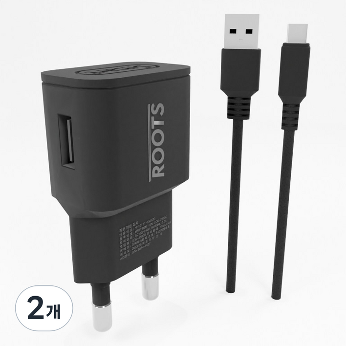 루츠 국내생산 USB 1포트 저전압 DC 5V 2A 저전력 저속충전 어댑터 홈캠 충전기  C타입 1M 케이블 포함, 2개, 블랙