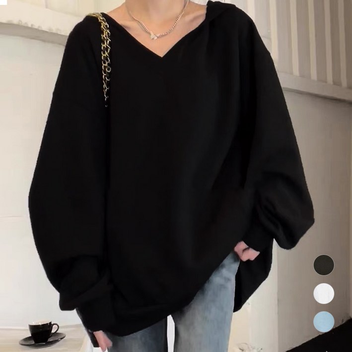 엘쏘 여성용 루즈핏 박시 V넥 긴팔 티셔츠 엘쏘 여성용 루즈핏 박시 V넥 긴팔 티셔츠