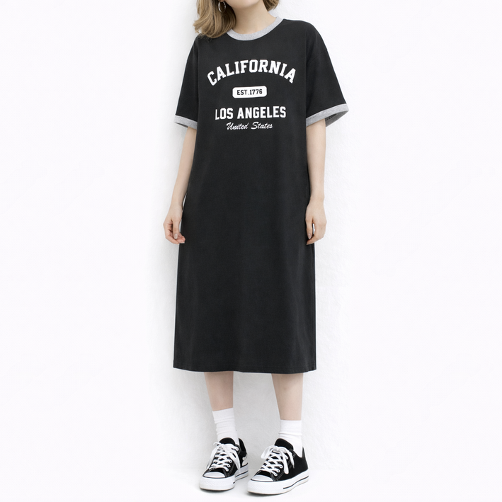 라라온 배색 레터링 반팔 코튼 롱 원피스 26TSP3845