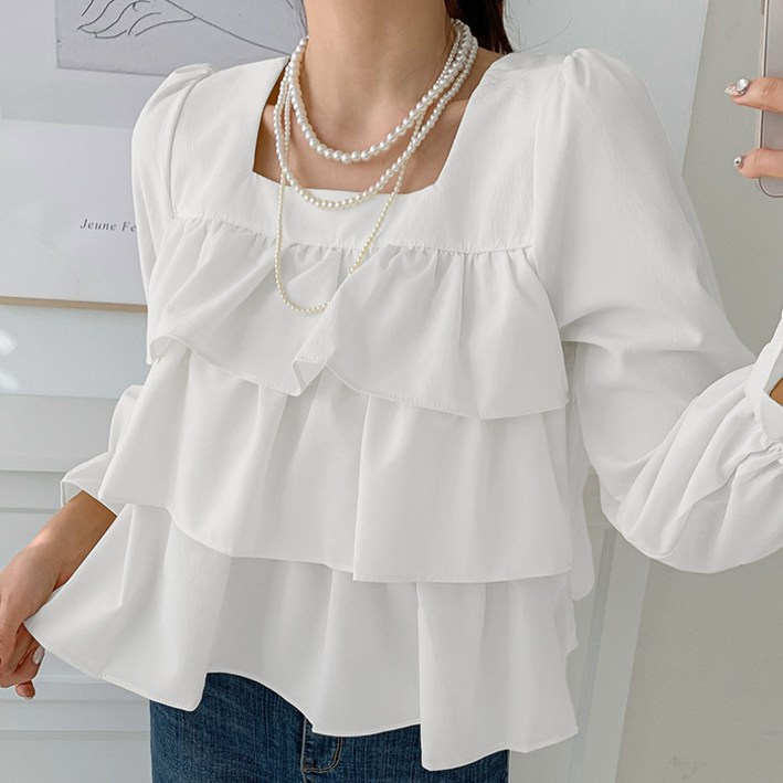 라라온 스판 스퀘어넥 캉캉 프릴 긴팔 블라우스 TSP2727