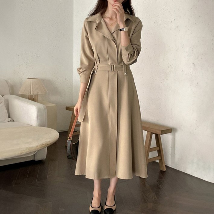 지디오 여성 롱 셔츠 원피스 트렌치 카라넥 긴팔 플레어 허리 스트랩 드레스 봄 가을 간절기 하객룩