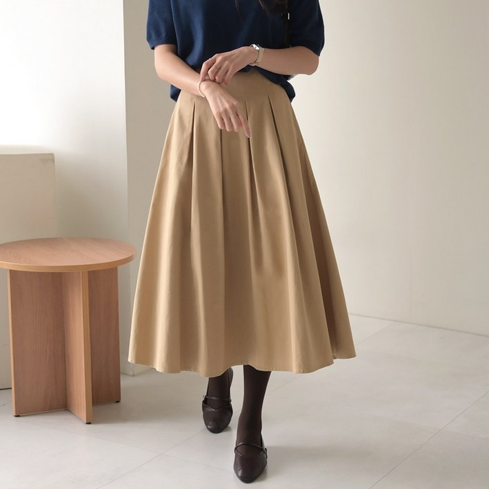 데일리앤 포르테 여성용 뒷밴딩 핀턱 코튼 A라인 플레어 플리츠 롱 스커트 봄 가을 데일리앤 포르테 여성용 뒷밴딩 핀턱 코튼 A라인 플레어 플리츠 롱 스커트 봄 가을