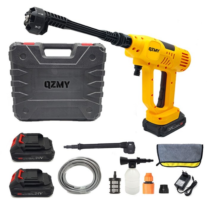 QZMY 무선 21V 고압세척기 초강력 휴대용 고압 세차기 2000mAh 배터리 물분사량 1분 7L 수압 크기 조절 세차 세트, 1세트