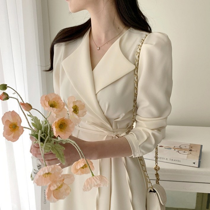 쪼예 하객룩 핀턱 허리 스트랩 긴팔 하프 롱 셔츠 원피스