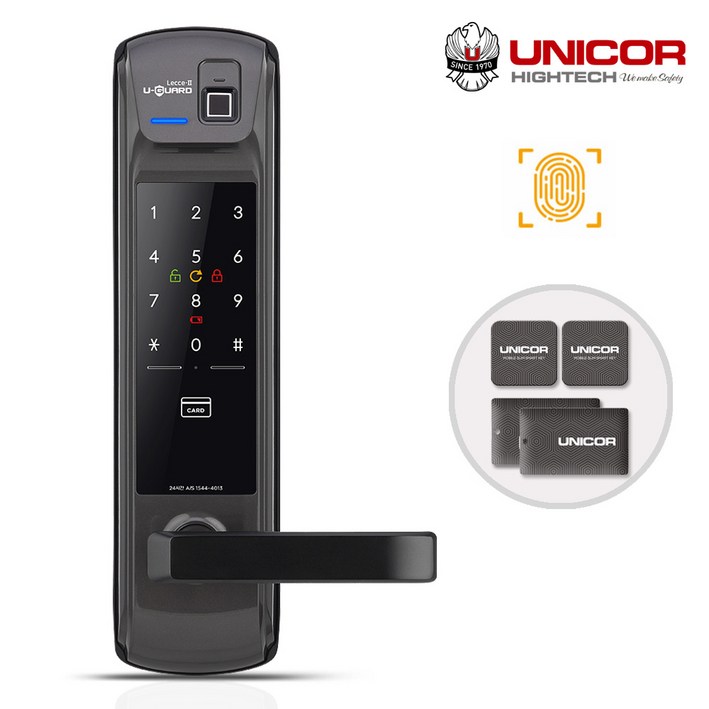 유니코 레체2 지문인식카드키4개번호키 즉시잠김 잠김속도조절 이중인증선택가능 내외부강제잠금 지문인식 100개 복수비밀번호 마스터번호카드기능 현관문 디지털도어락 도어록, 유니코 레체2, 고객직접설치