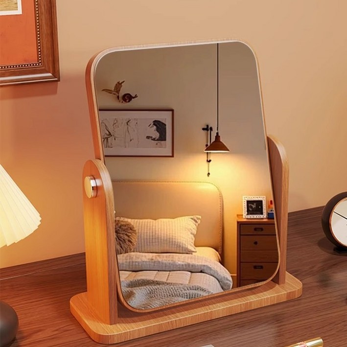 PETTOO 가정용 탁상 회전 거울 원목 화장 거울, 목색