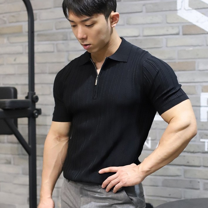 레그데이 남자 머슬핏 크롬 반집업 카라 반팔 니트 2COLOR
