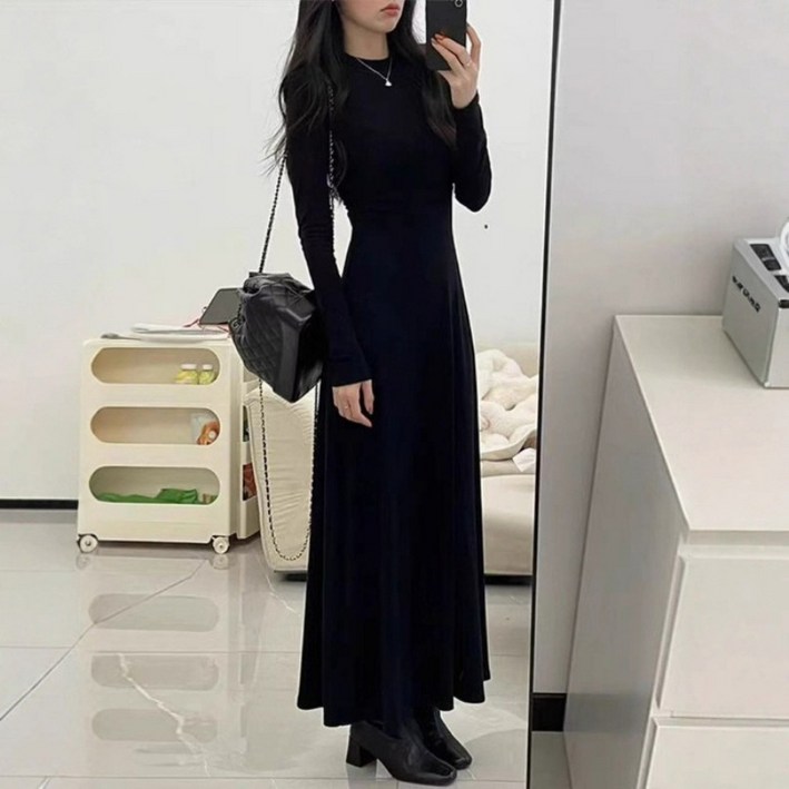TIMEPURE 여성 블랙 롱원피스 긴팔 슬림핏 봄가을 데일리 하객룩 원피스