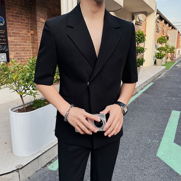 남자 여름 정장 세트 캐주얼 얇은 반팔 수트 + 정장 바지 고급 남성 세미 정장 세트 YJW